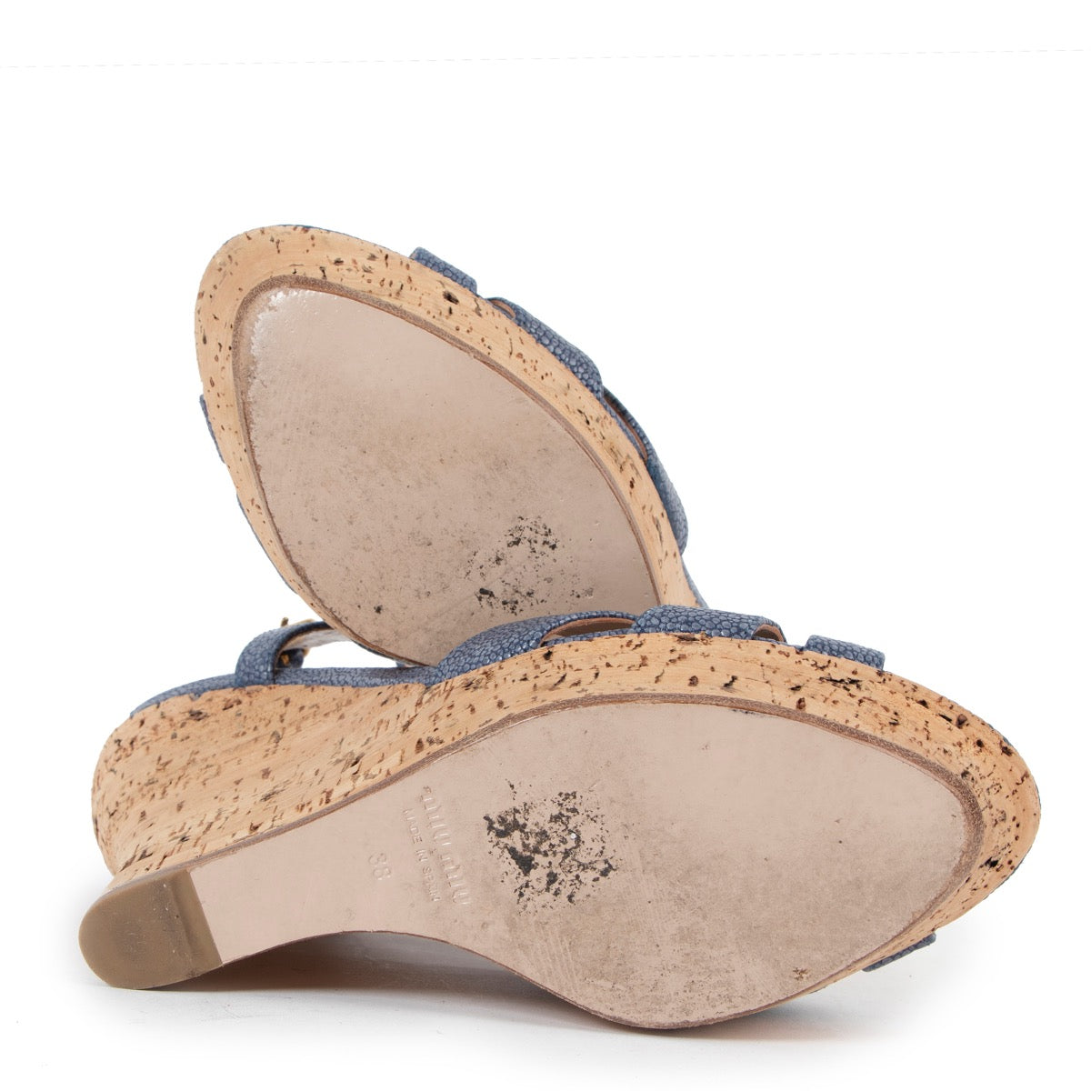 Shop safe online at Labellov in Antwerp these 100% authentic second hand Miu Miu Blue Cork Wedge Sandals - Size 38