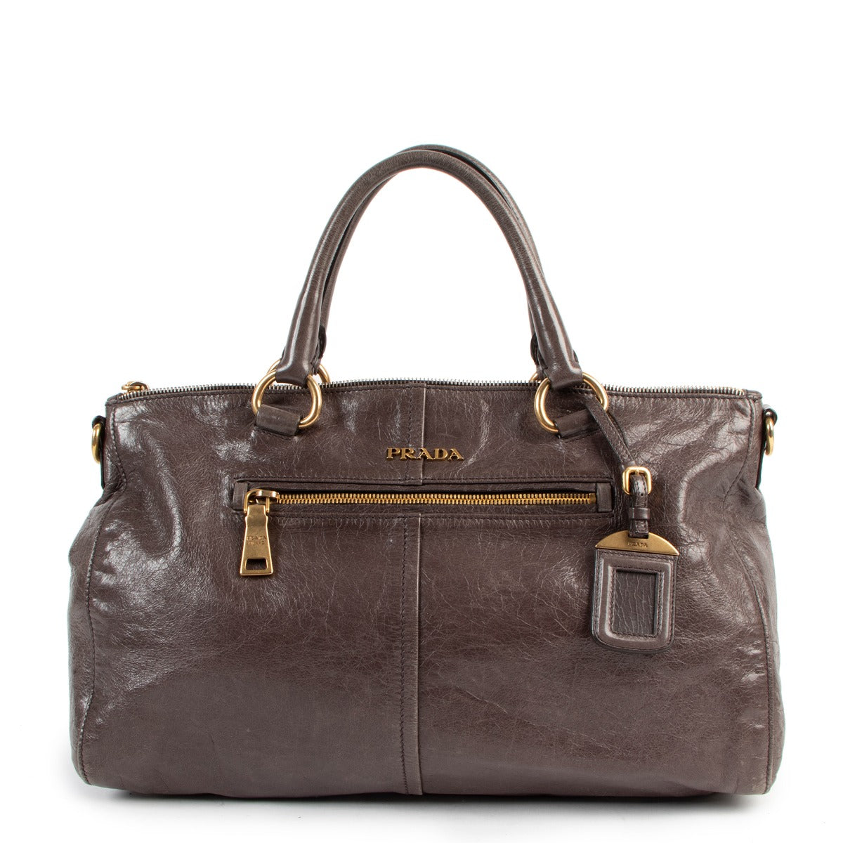 Prada Taupe Front Zip Calfskin Top Handle Bag