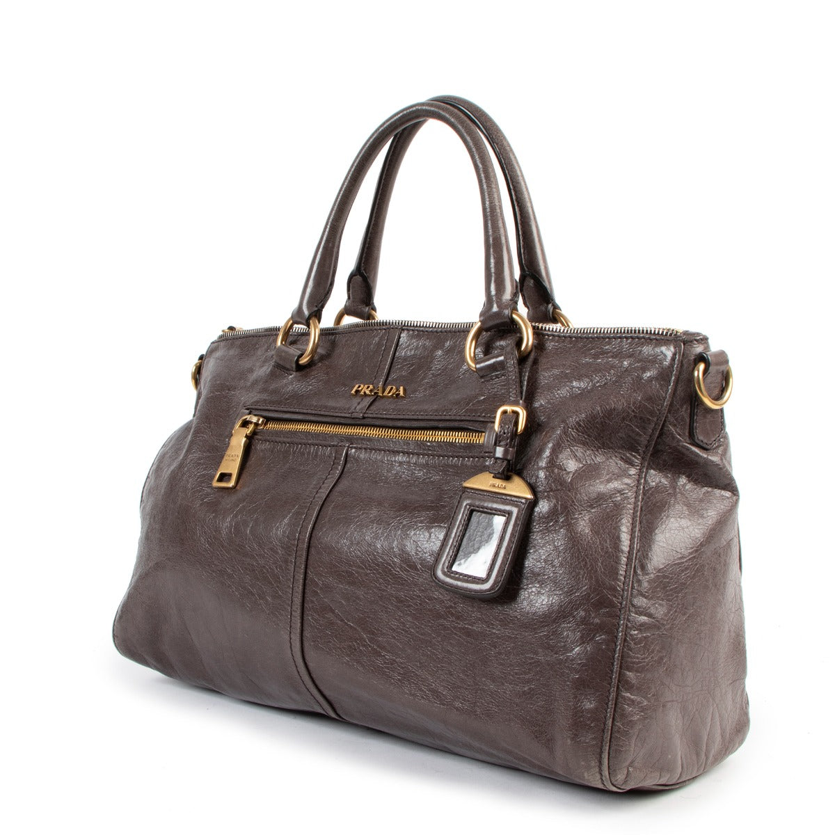 Prada Taupe Front Zip Calfskin Top Handle Bag