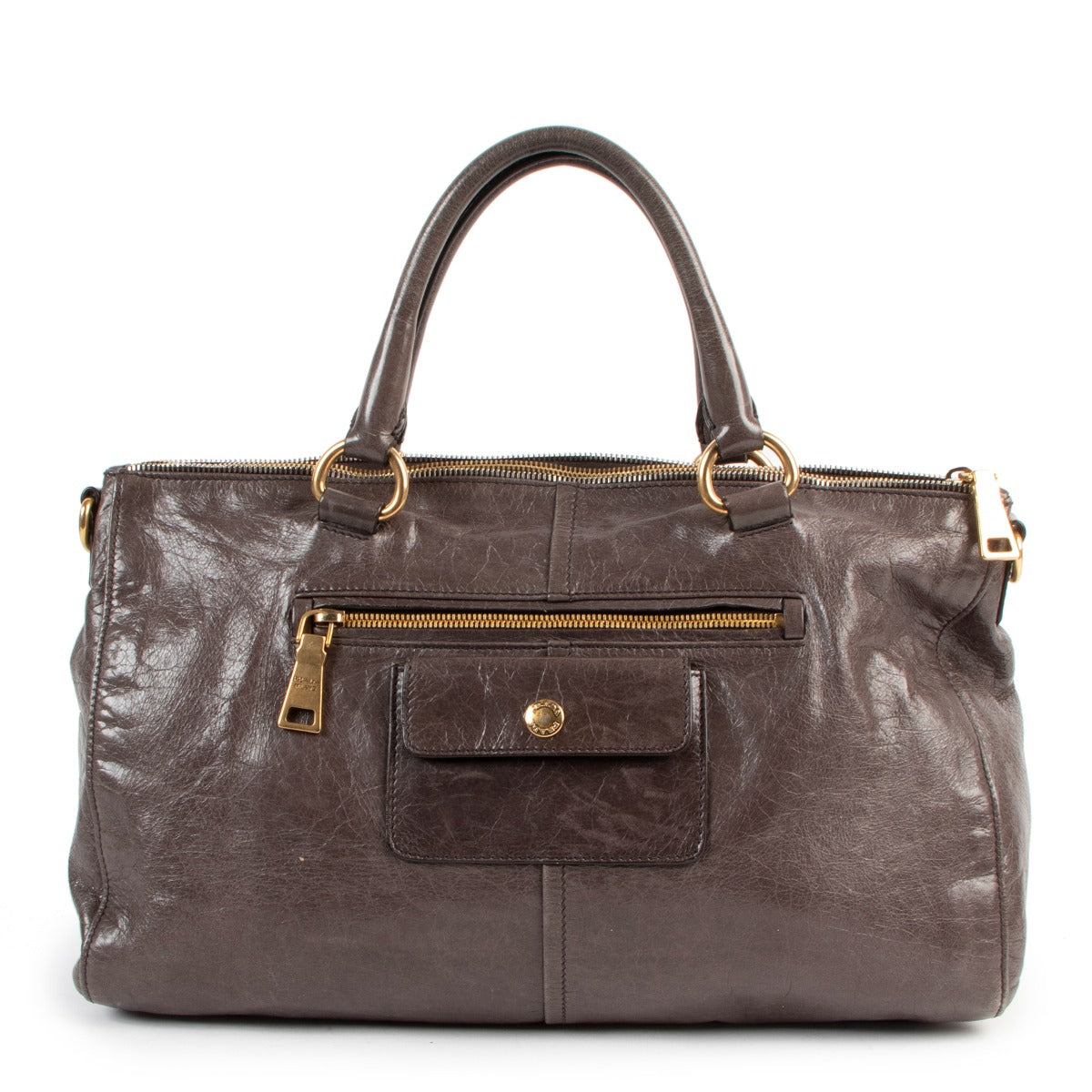 Prada Taupe Front Zip Calfskin Top Handle Bag