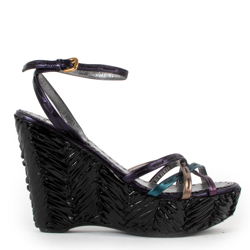 Prada Metallic Strappy Leather Wedge Sandals