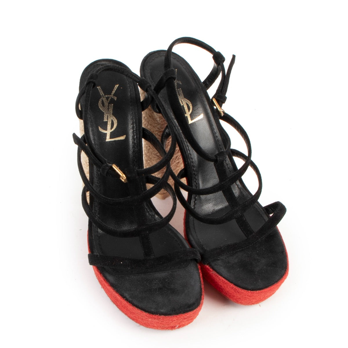 Saint Laurent Black Suede Red Straw Sandals