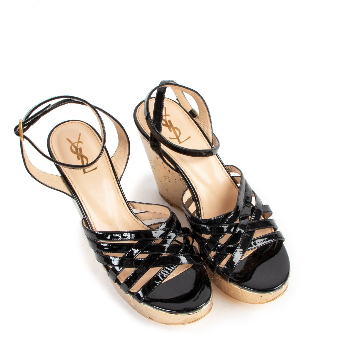 Saint Laurent Black and Gold Idole Platform Wedge Sandals