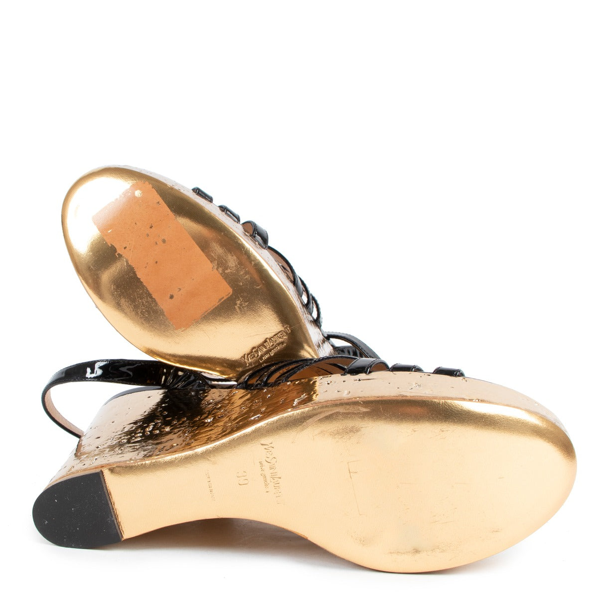 Saint Laurent Black and Gold Idole Platform Wedge Sandals