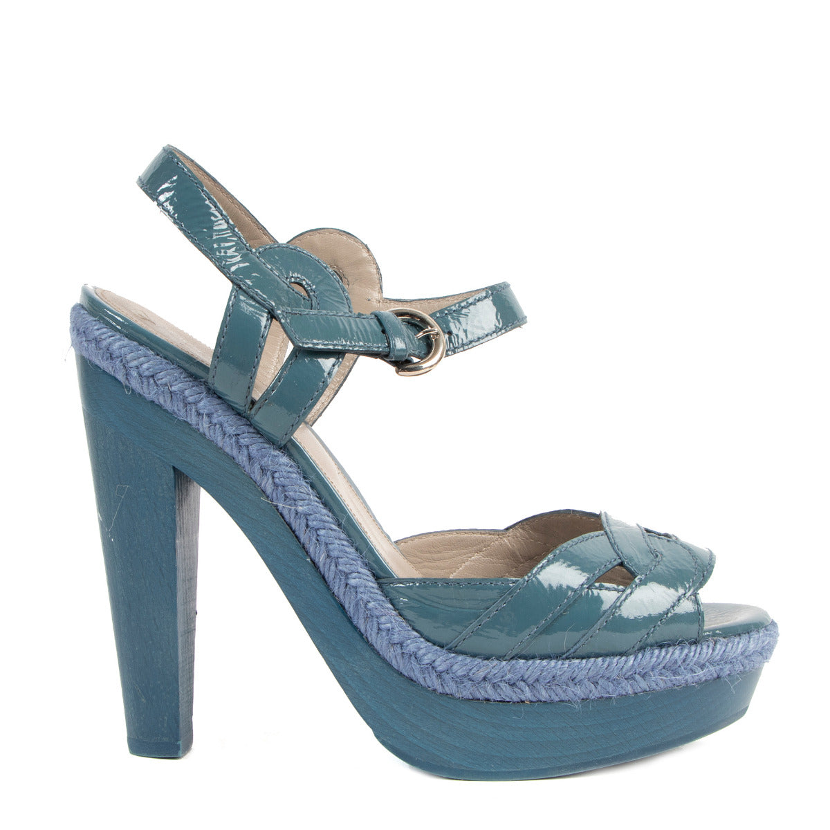Sergio Rossi Blue Patent Leather Wooden Wedge Heels - Size 37,5