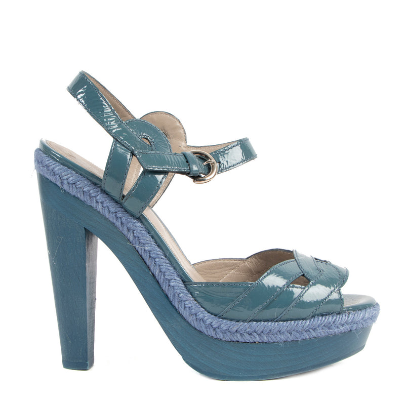 Sergio Rossi Blue Patent Leather Wooden Wedge Heels - Size 37,5