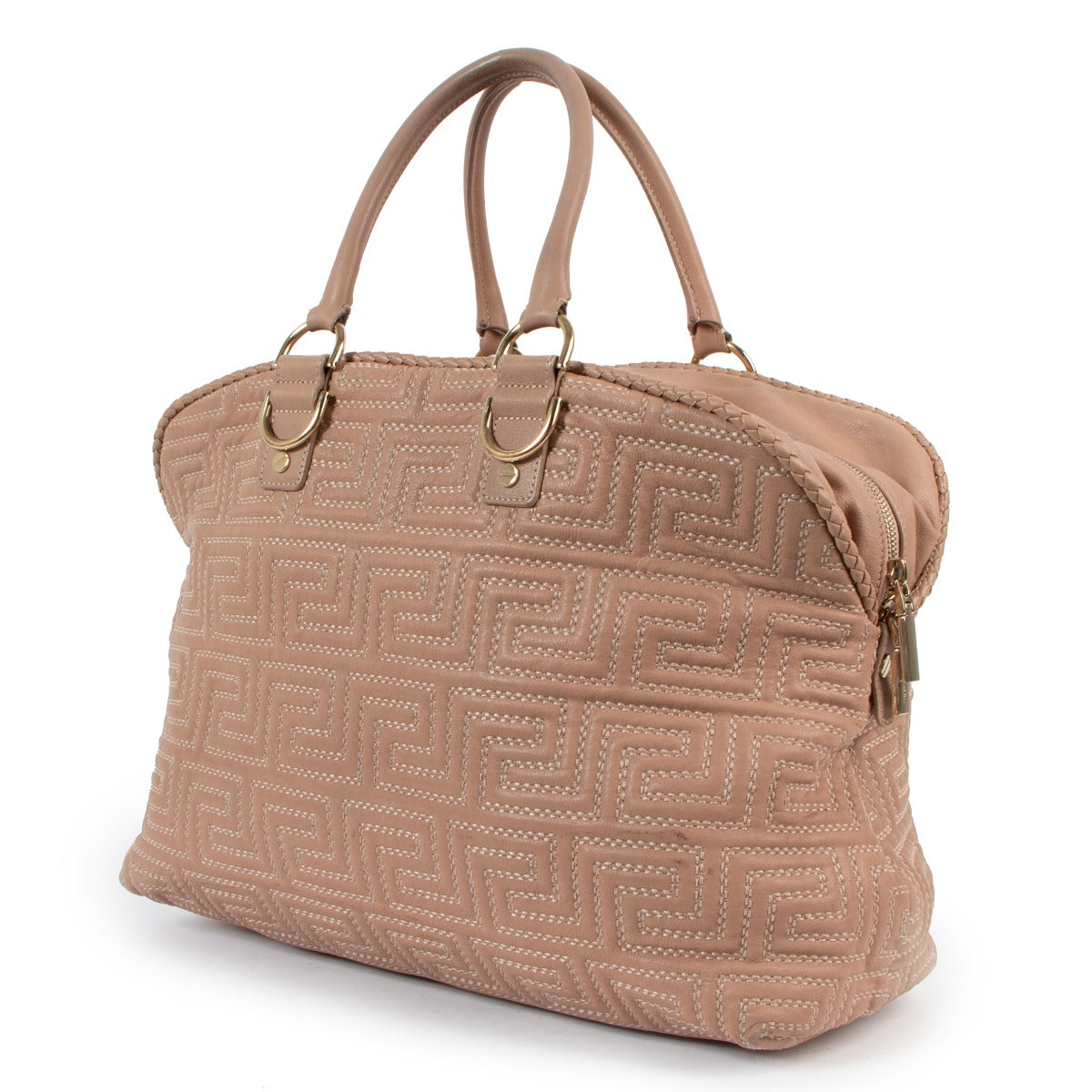 Versace Nude Quilted Greca Leather Handbag