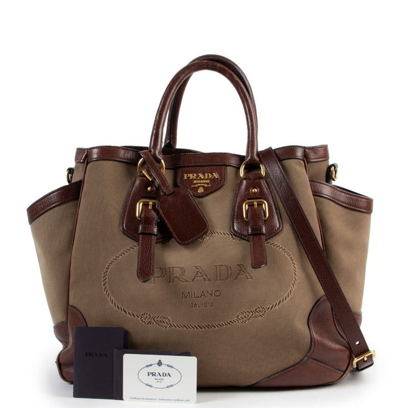 shop online authentic vintage Prada Brown Logo Jacquard Tote Bag at Labellov