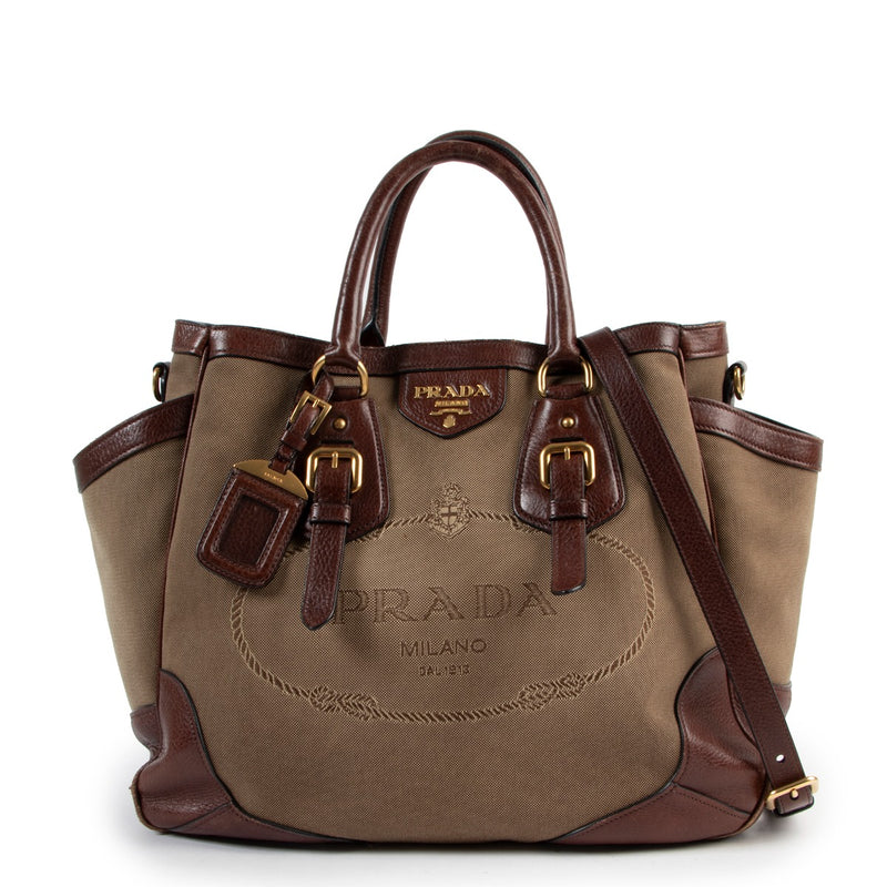 shop online authentic vintage Prada Brown Logo Jacquard Tote Bag at Labellov