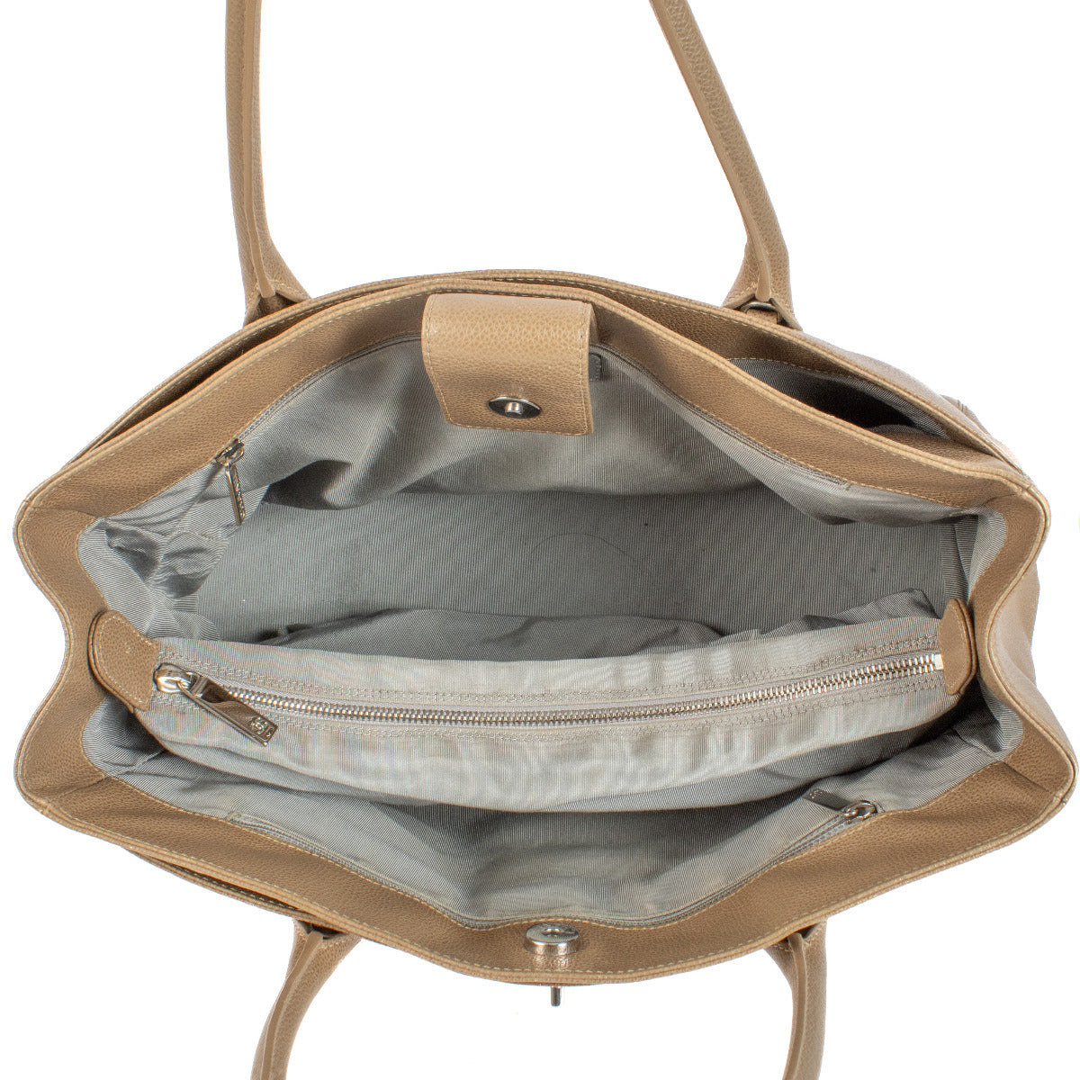 The inside of this authentic Chanel Taupe Deerskin Executive Cerf Tote Top Handle Bag