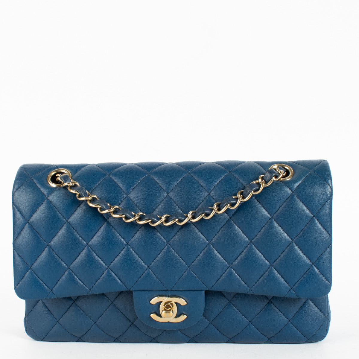 Authentic Chanel Blue Lambskin Classic Medium Flap 11.12 Bag second hand at Labellov.com