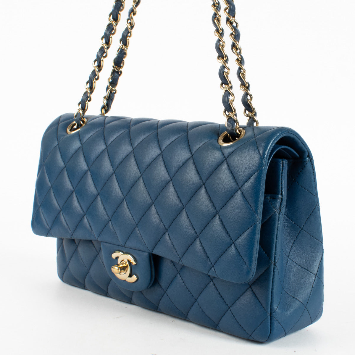 Authentic Chanel Blue Lambskin Classic Medium Flap 11.12 Bag second hand at Labellov.com