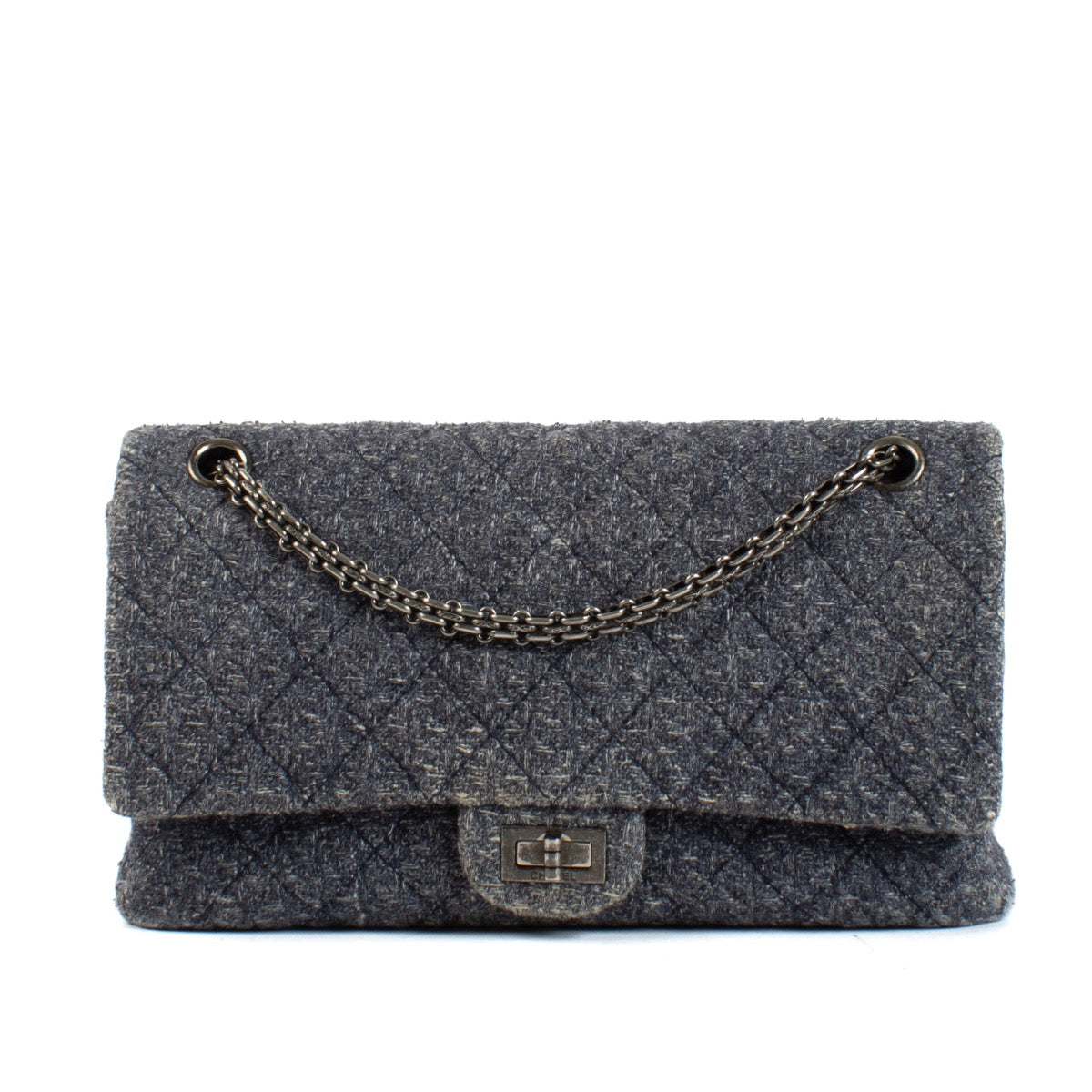Shop safe online at Labellov in Antwerp and Knokke this 100% authentic second hand Chanel Blue Tweed Reissue 2.55 Double Flap Bag