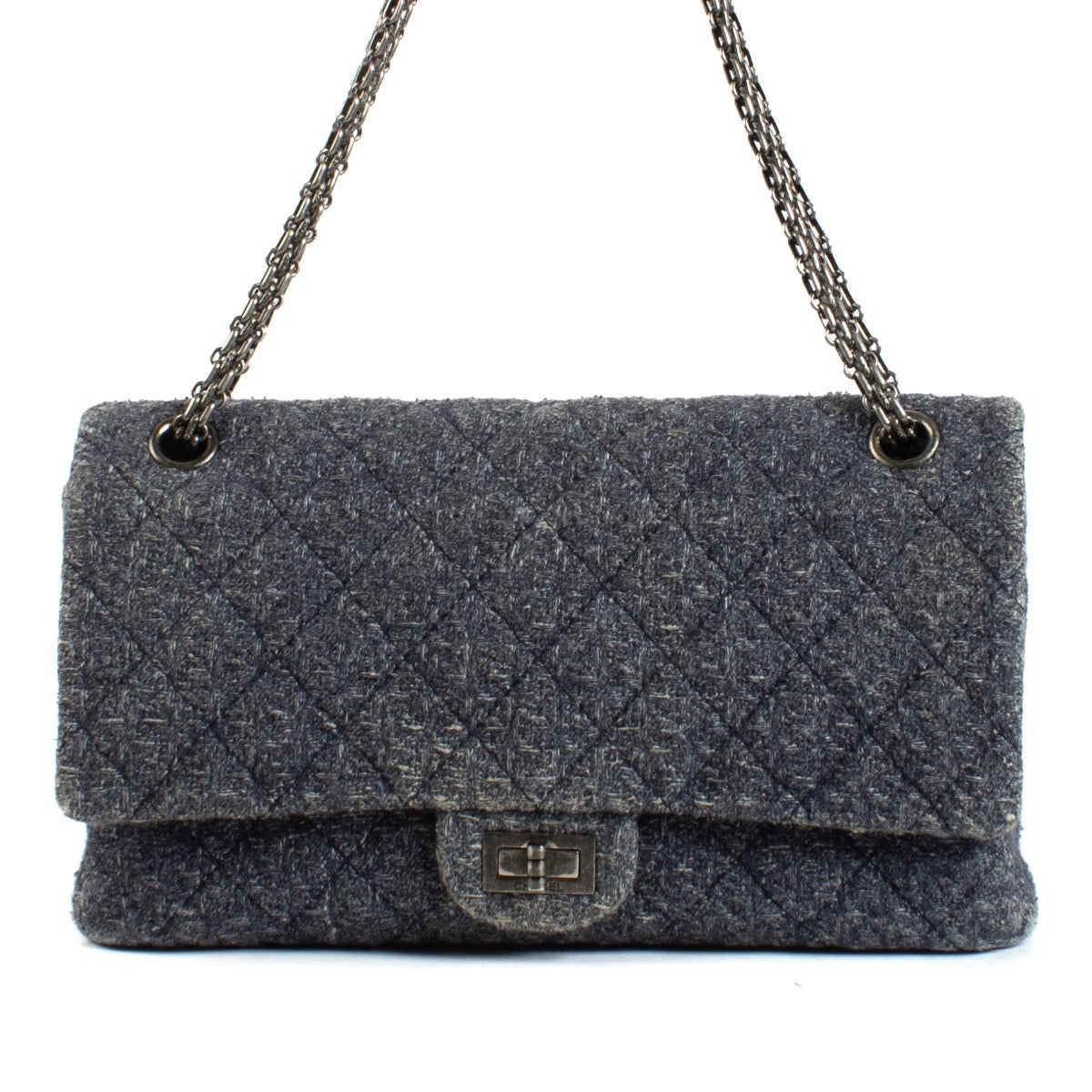 Shop safe online at Labellov in Antwerp and Knokke this 100% authentic second hand Chanel Blue Tweed Reissue 2.55 Double Flap Bag