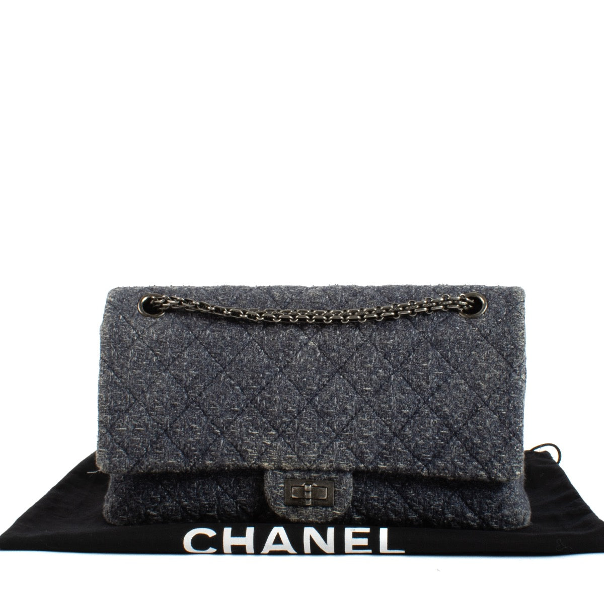 Shop safe online at Labellov in Antwerp and Knokke this 100% authentic second hand Chanel Blue Tweed Reissue 2.55 Double Flap Bag