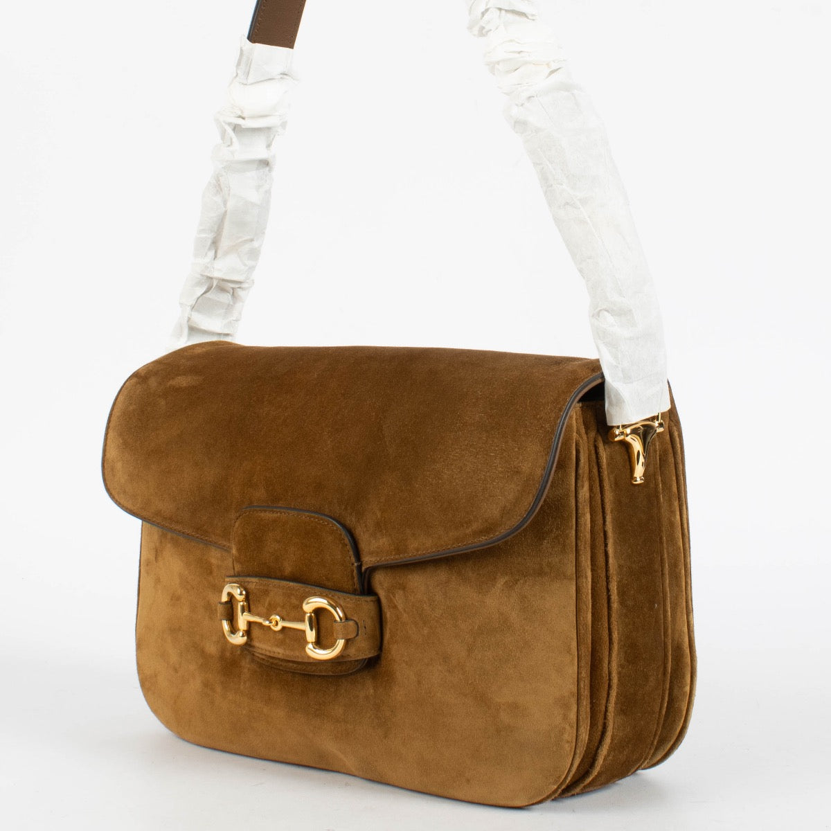 shop 100% authentic second hand Gucci Brown Soft Suede Horsebit 1955 Aura Medium Shoulder Bag on Labellov.com