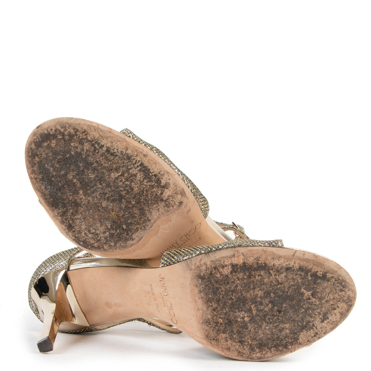 Buy authentic second hand Jimmy Choo Lance 115 Gold Glitter Strappy Sandals - Size 37,5 in good condition at Labellov in Antwerp.