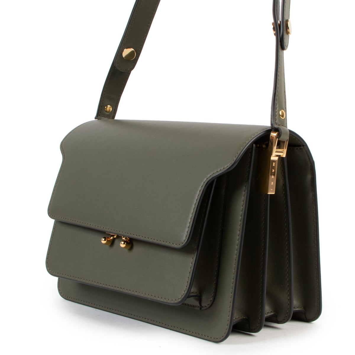 Marni Khaki Medium Trunk Calfskin Shoulder Bag