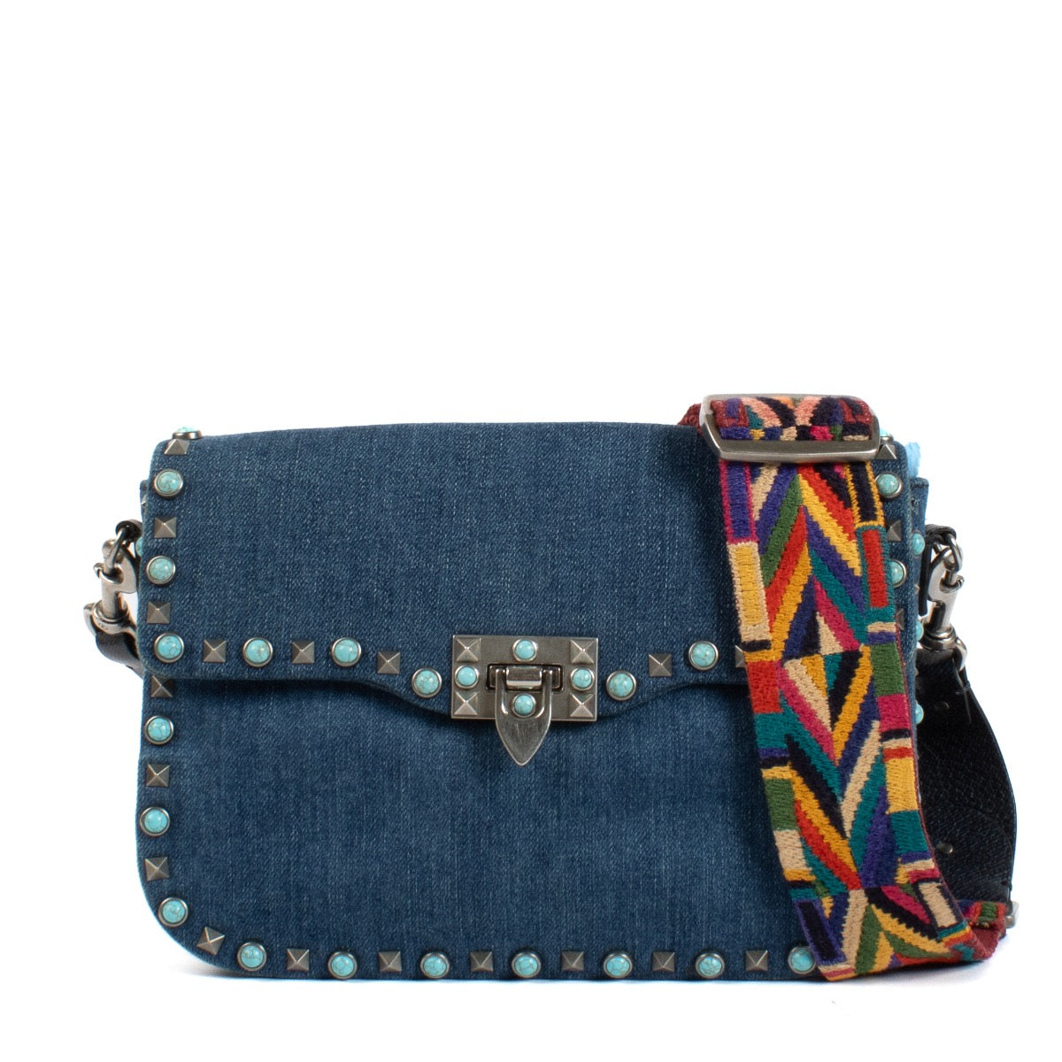 Shop safe online at Labellov in Antwerp and Knokke this 100% authentic second hand Valentino Garavani Denim Rockstud Rolling Rock Crossbody Bag