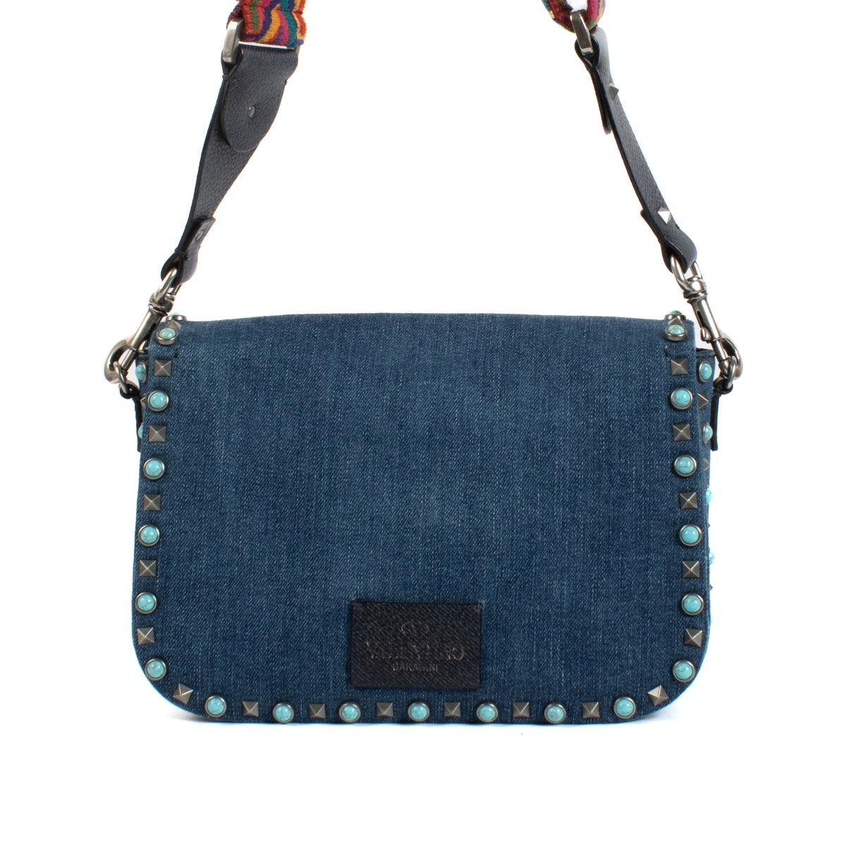Shop safe online at Labellov in Antwerp and Knokke this 100% authentic second hand Valentino Garavani Denim Rockstud Rolling Rock Crossbody Bag