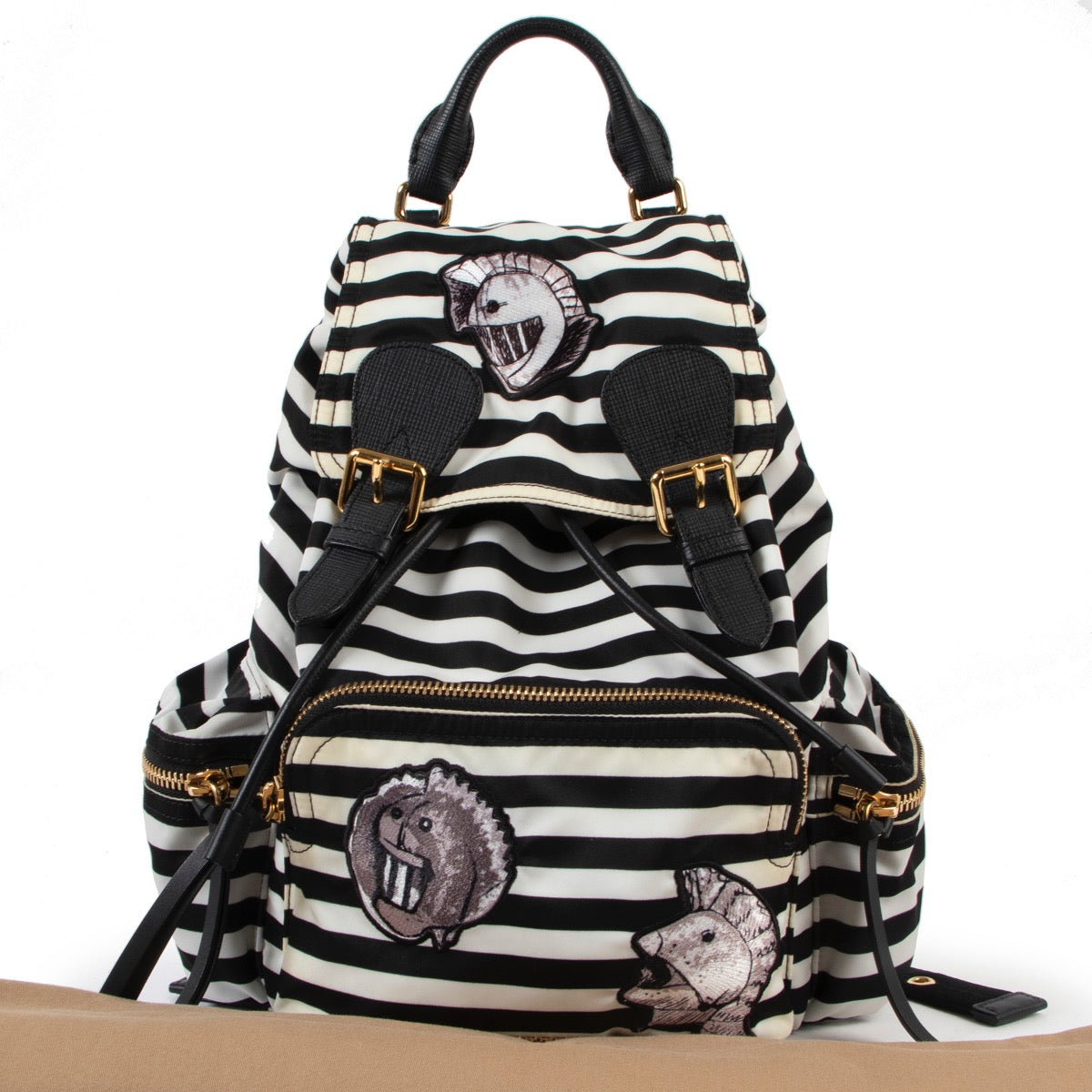 Shop safe online at Labellov in Antwerp this 100% authentic second hand Burberry Black and White Striped Nylon Rucksack Backpack