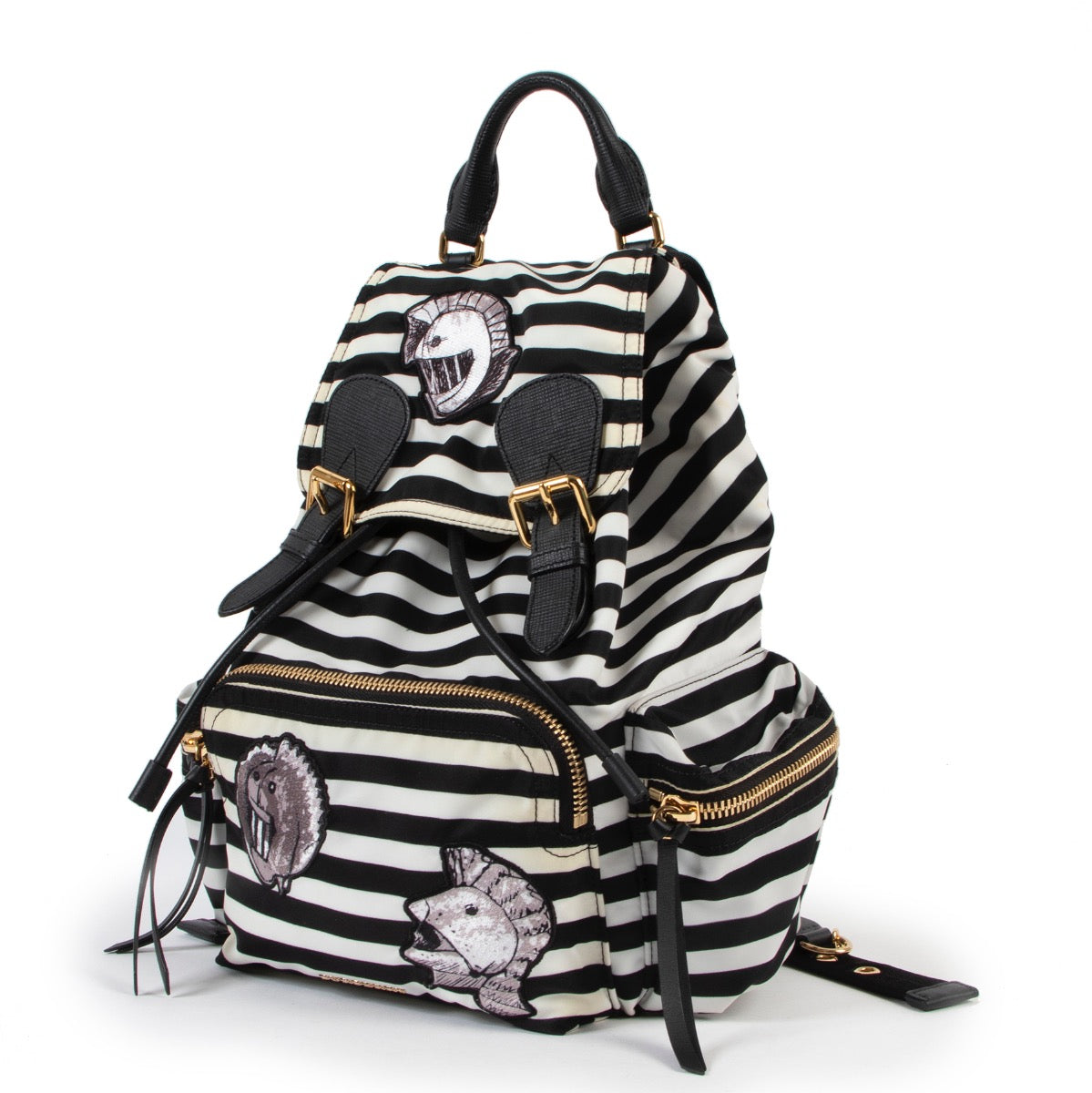 Shop safe online at Labellov in Antwerp this 100% authentic second hand Burberry Black and White Striped Nylon Rucksack Backpack