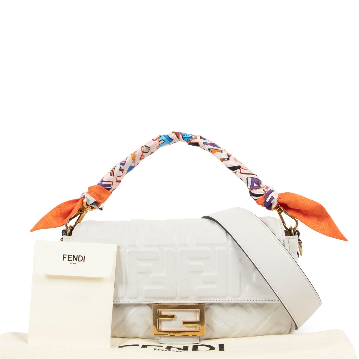 buy and sell your authentic designer Fendi White Baguette Shoulder Bag + Multicolor Wrappy for the best price at Labellov secondhand luxury in Antwerp.