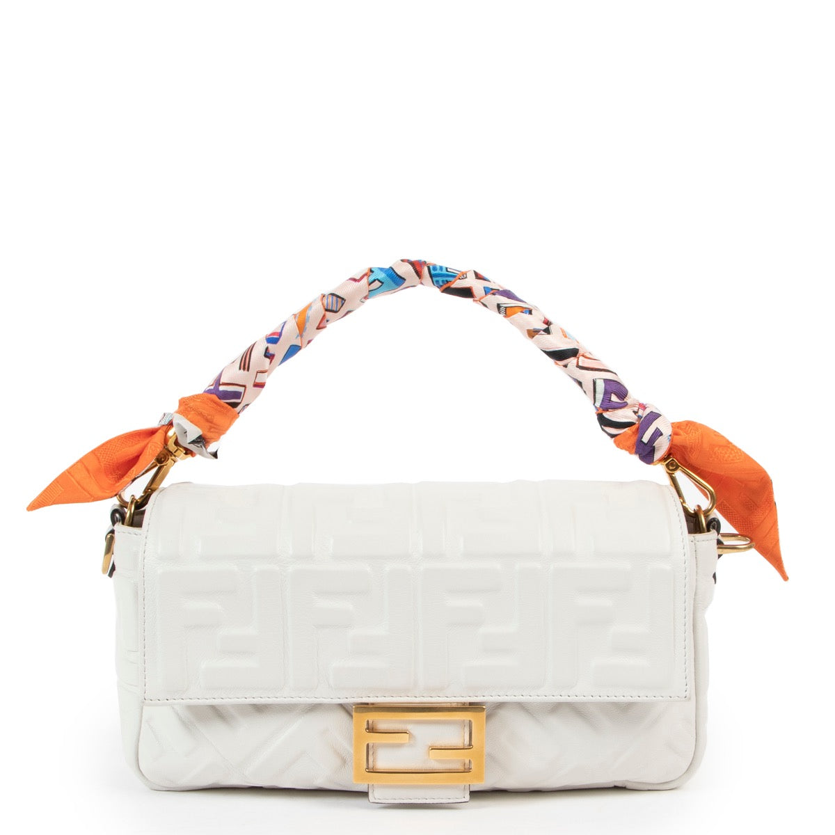 buy and sell your authentic designer Fendi White Baguette Shoulder Bag + Multicolor Wrappy for the best price at Labellov secondhand luxury in Antwerp.