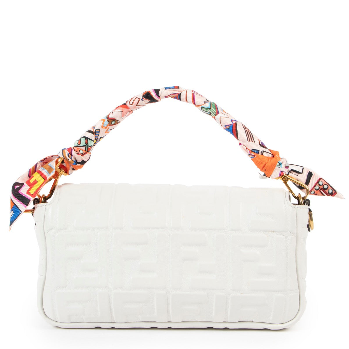 buy and sell your authentic designer Fendi White Baguette Shoulder Bag + Multicolor Wrappy for the best price at Labellov secondhand luxury in Antwerp.
