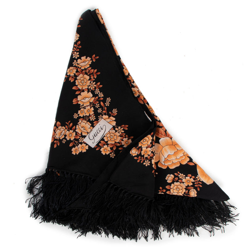 Gucci Vintage Black Floral Fringed Triangle Silk Scarf