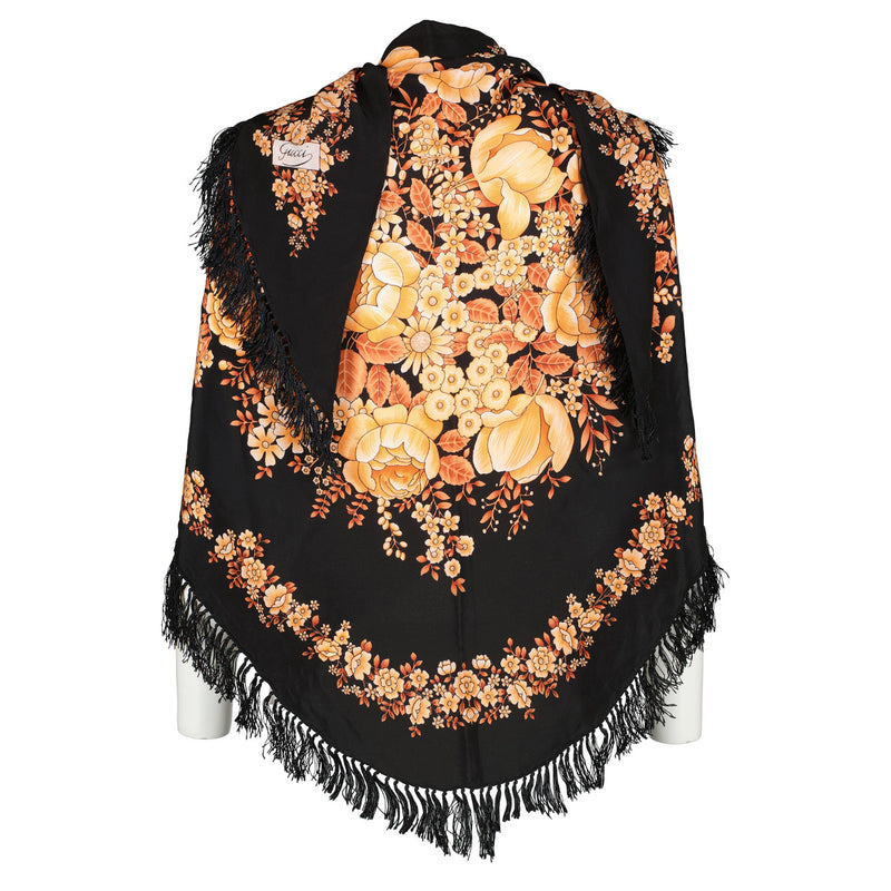 Gucci Vintage Black Floral Fringed Triangle Silk Scarf