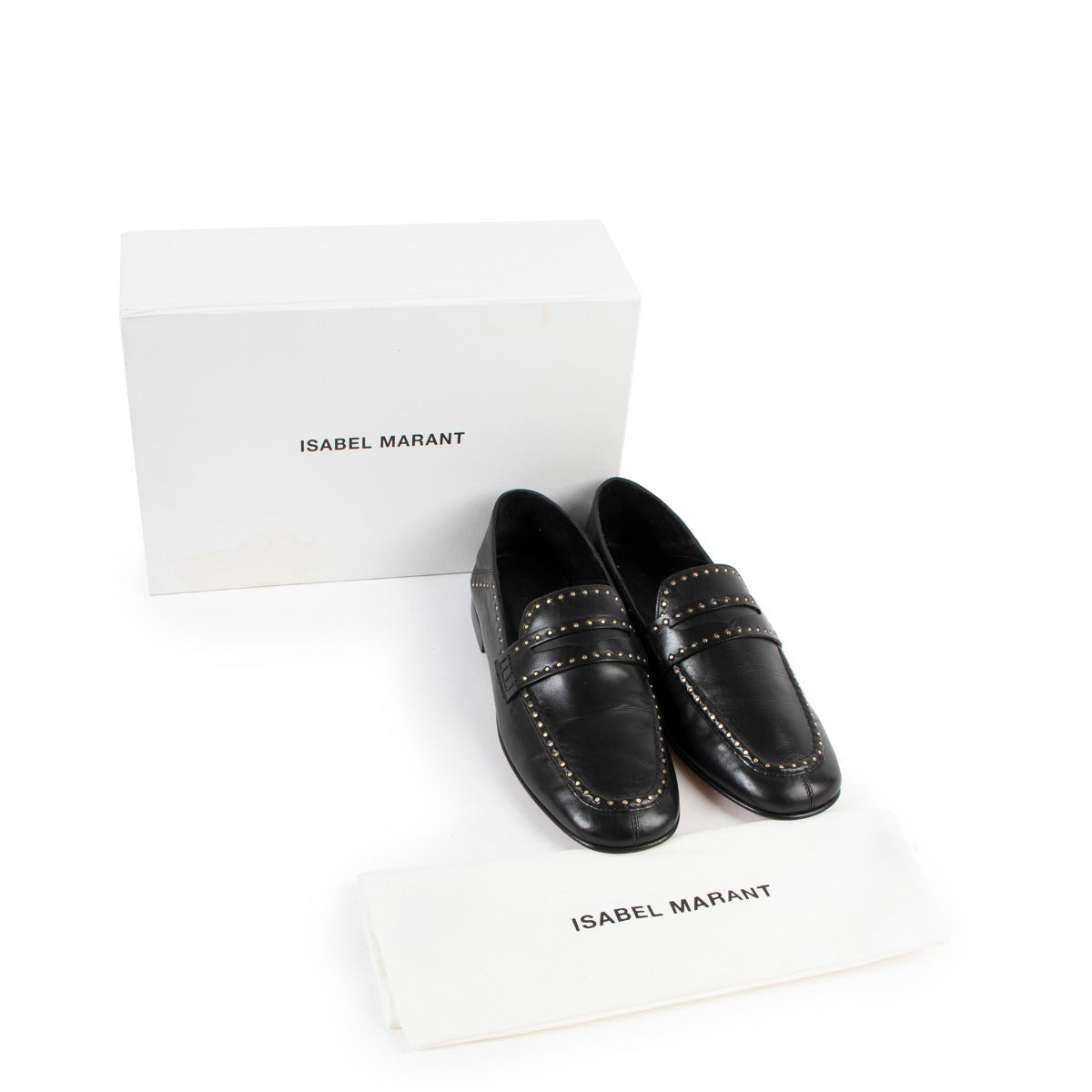 Buy an authentic pair of second hand Isabel Marant Black Studded Leather Fezzy Foldable Loafers - Size 38 at Labellov