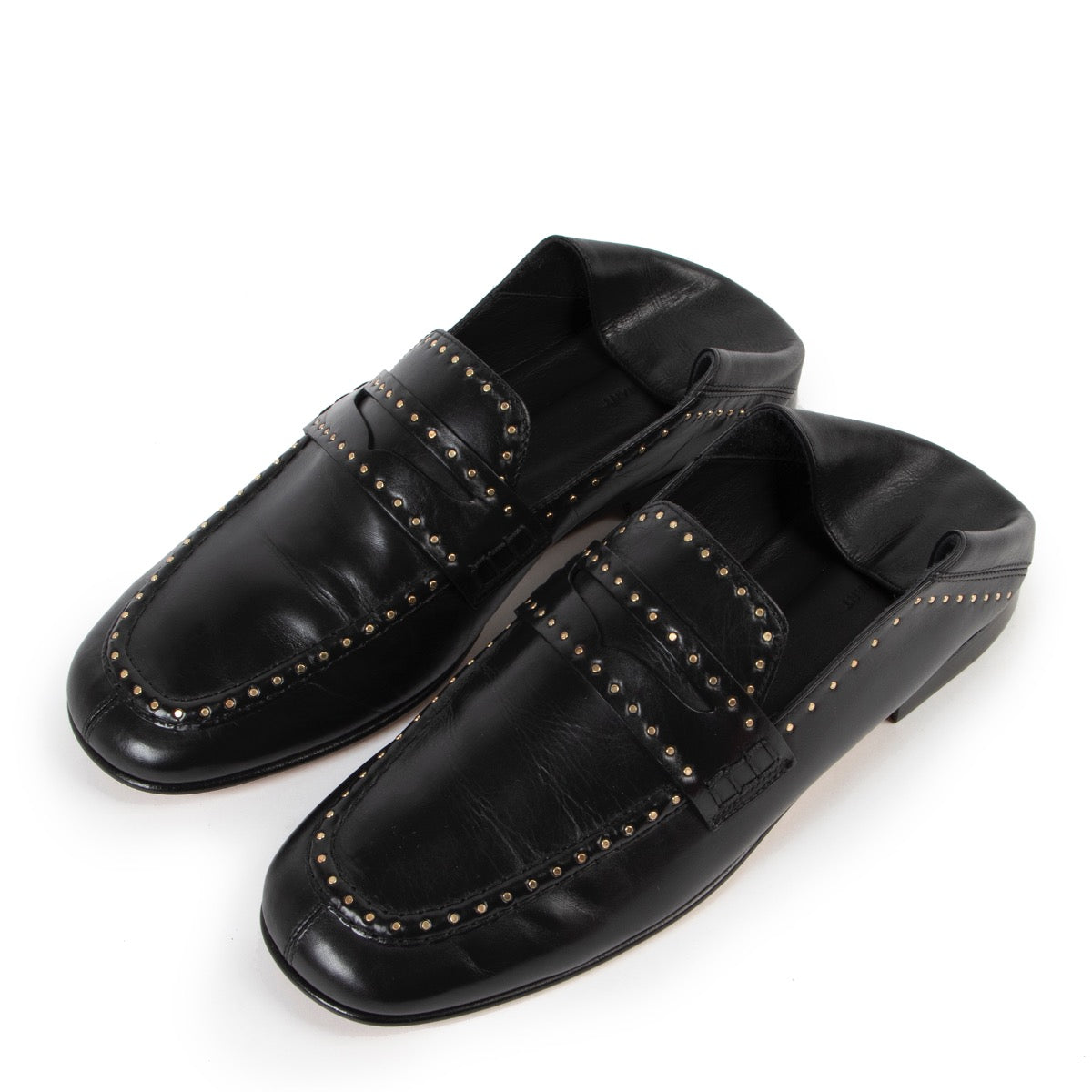 Buy an authentic pair of second hand Isabel Marant Black Studded Leather Fezzy Foldable Loafers - Size 38 at Labellov