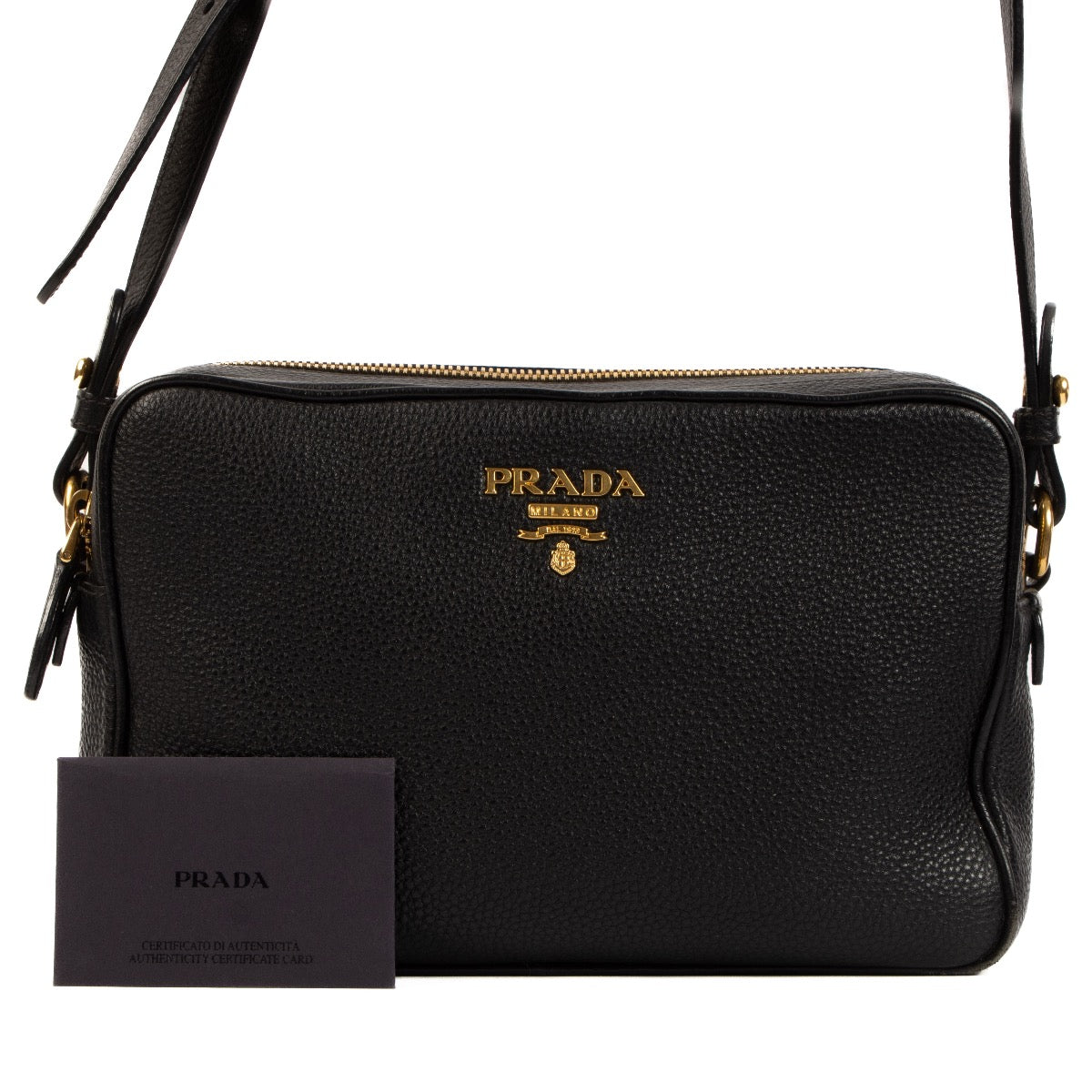 Shop safe online at Labellov in Antwerp, Brussels and Knokke this 100% authentic second hand Prada Black Vitello Daino Camera Bag