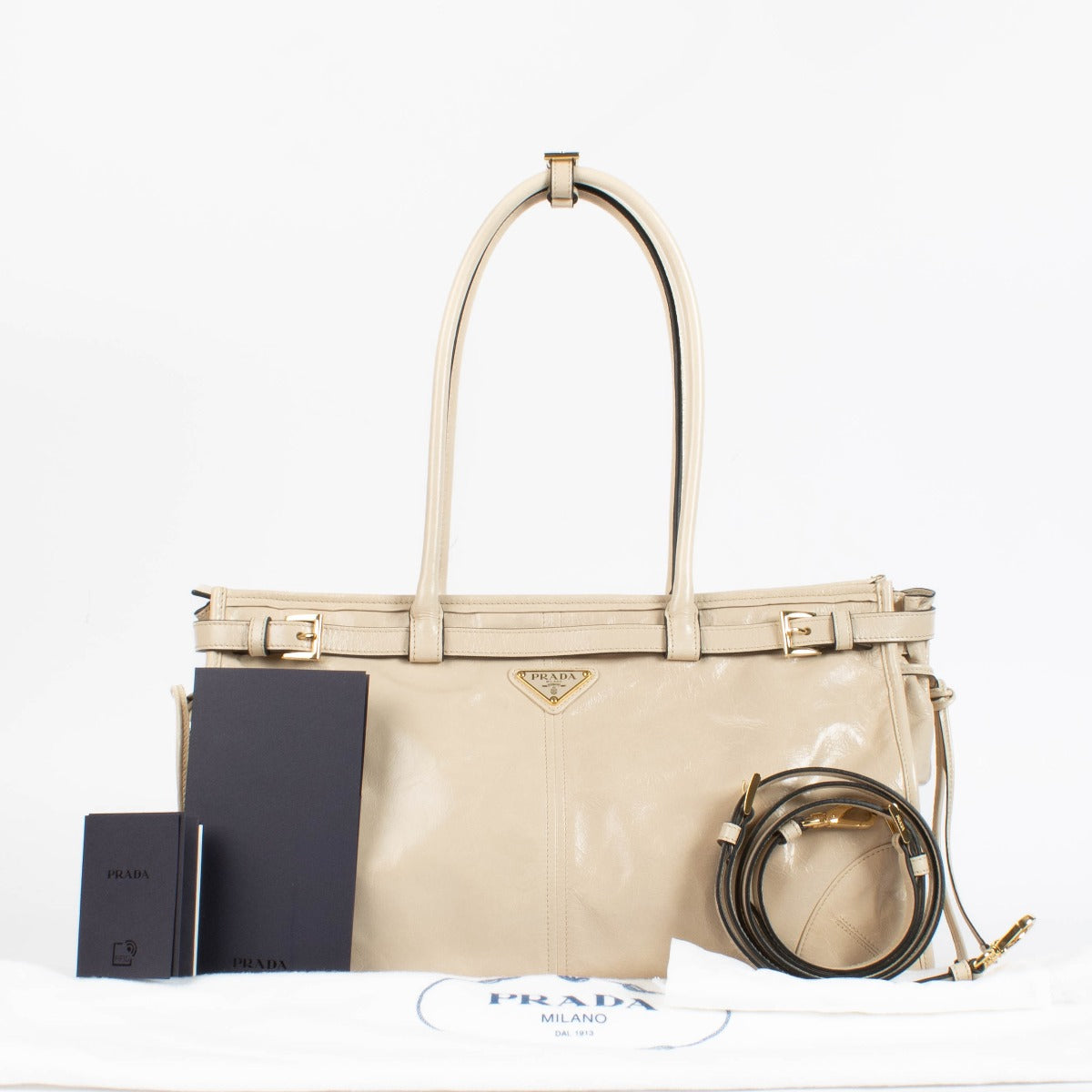 Authentic pre-loved Prada Travetine Soft Lux Bonnie Large Bag on Labellov.com