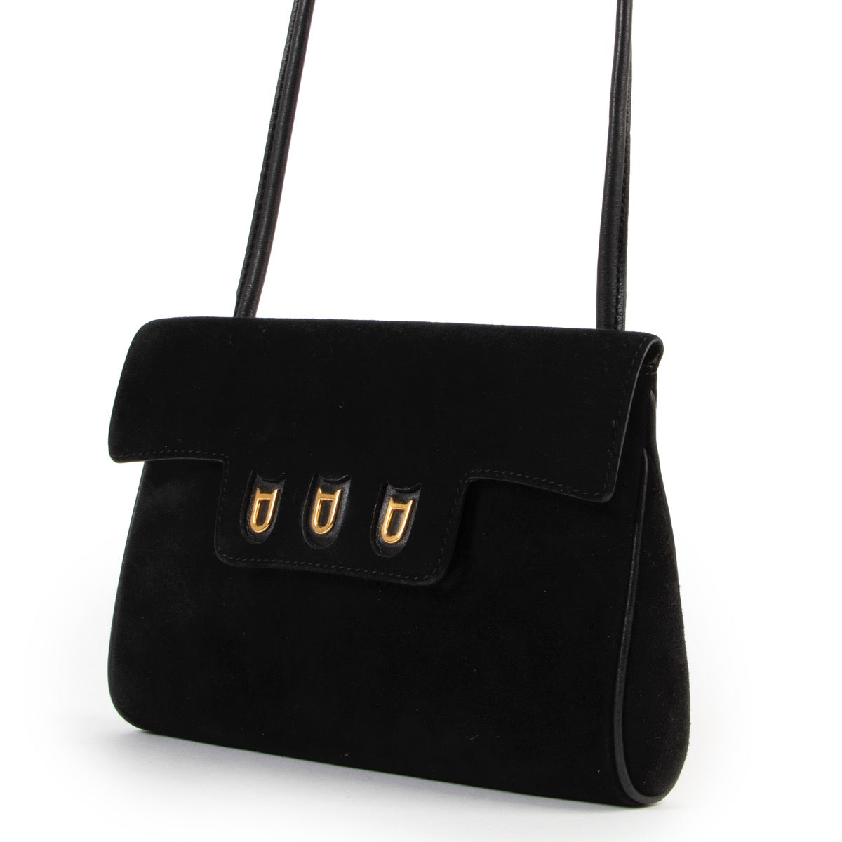 Buy an authentic second hand black Delvaux suede crossbody bag at Labellov