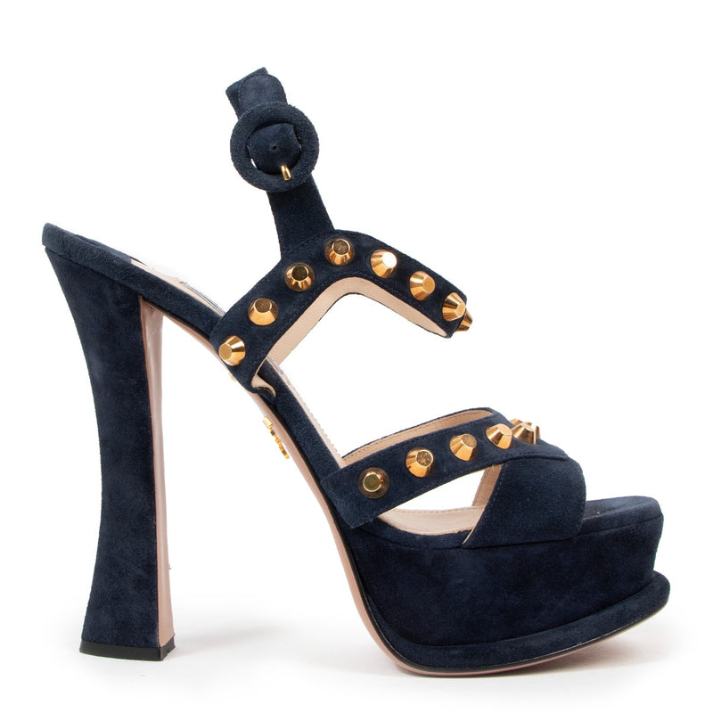 Prada Blue Suede Studded Platform Sandals