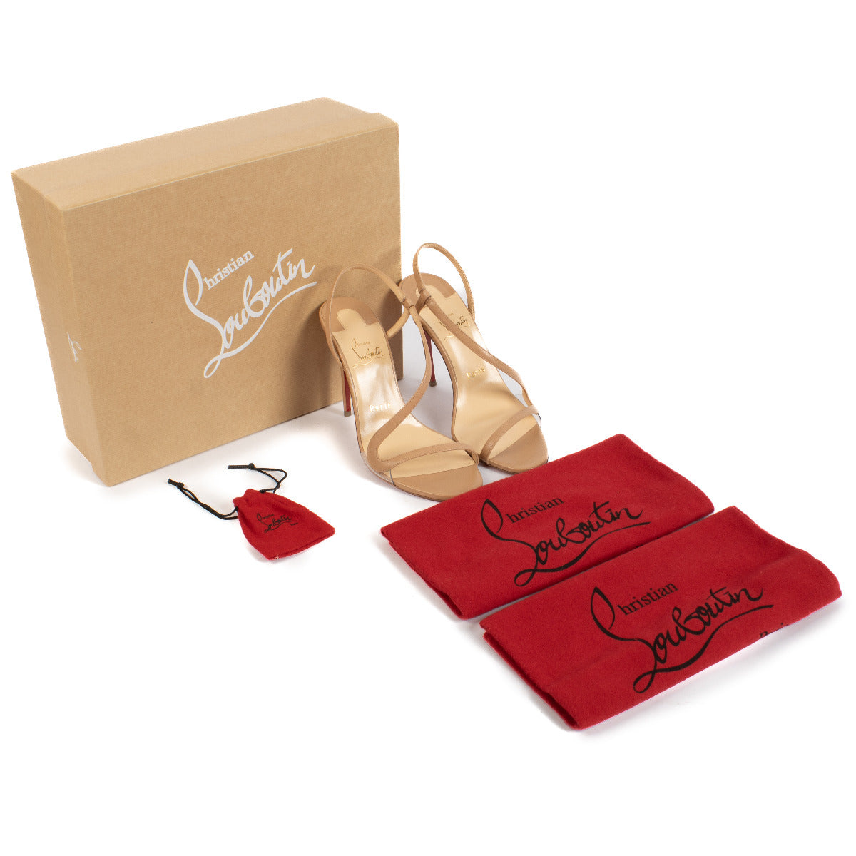 Christian Louboutin Nude Leather and PVC Rosalie Heels aan de beste prijs bij Labellov tweedehands luxe in Antwerpen en Knokke