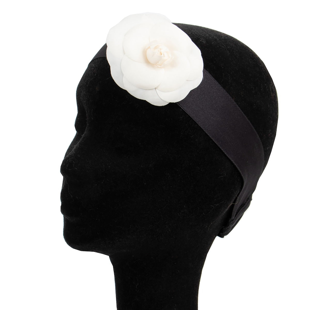 Shop authentic second hand vintage designer luxury Chanel Black Satin White Camellia Headband at Labellov.