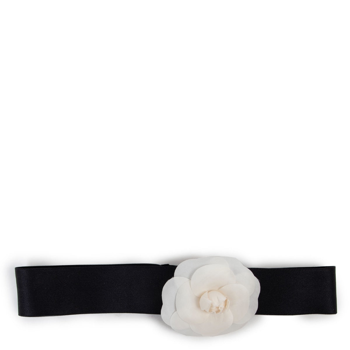Shop authentic second hand vintage designer luxury Chanel Black Satin White Camellia Headband at Labellov.