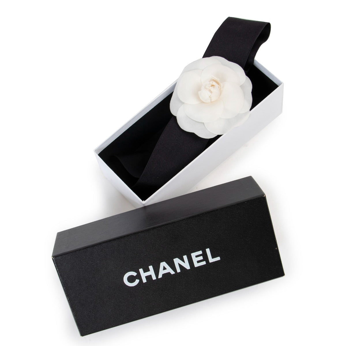 Shop authentic second hand vintage designer luxury Chanel Black Satin White Camellia Headband at Labellov.