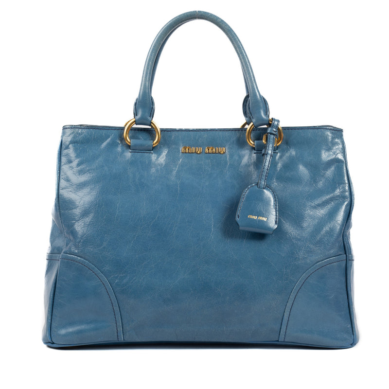 Miu Miu Teal Blue Leather Satchel for the best price at labellov secondhand luxury in Antwerp. We buy and sell your preloved and brand new designer bags.