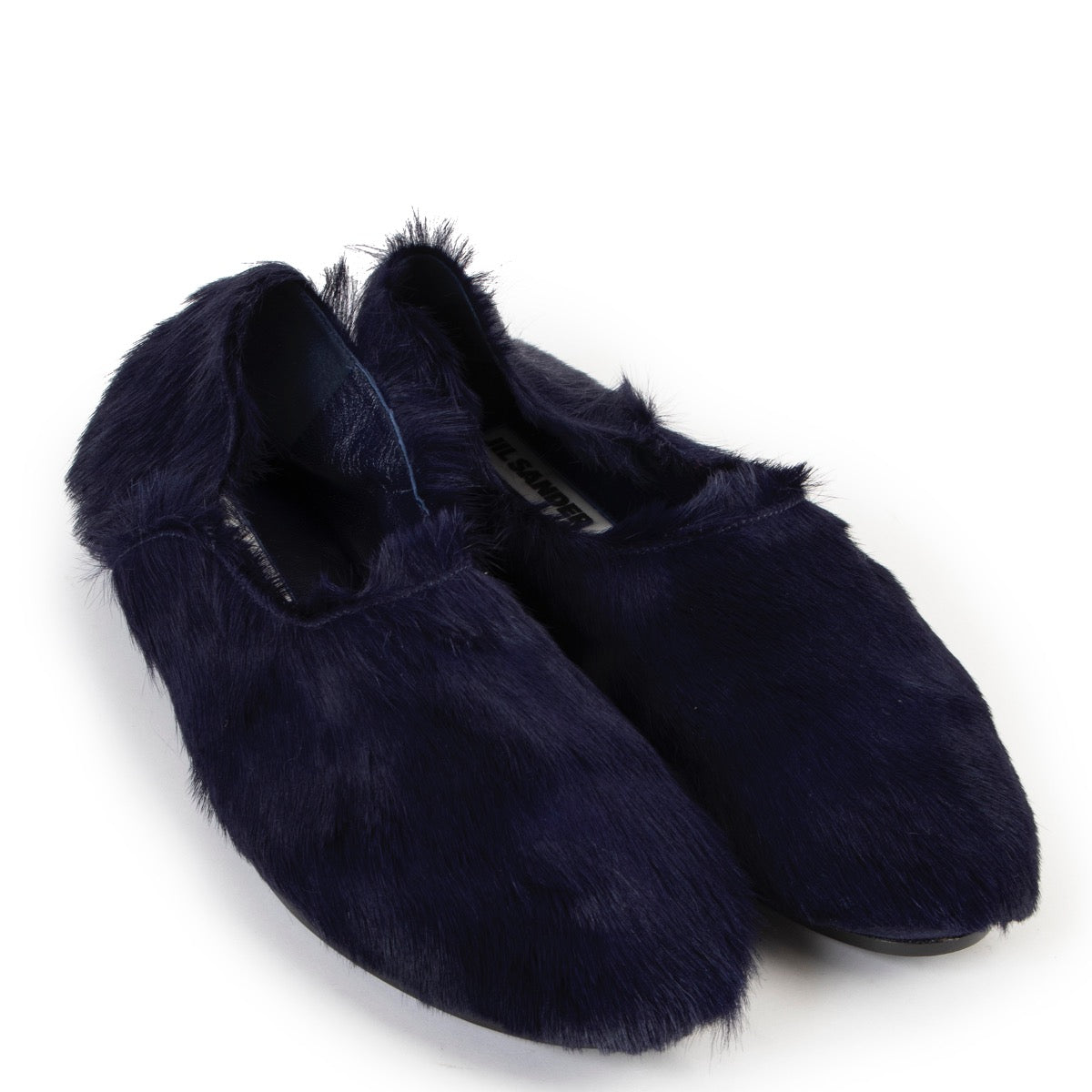 Buy an authentic pair of second hand Jil Sander Navy Blue Fur Slippers Size 40 at Labellov
