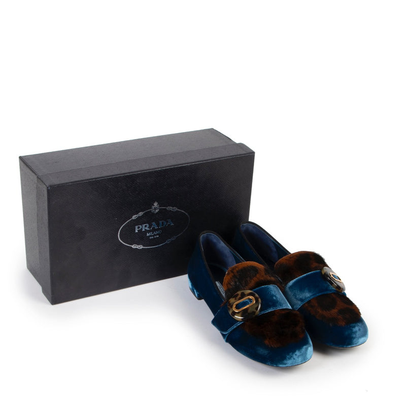 buy authentic second hand Prada Blue Velvet Leopard-print Loafers at Labellov for the best price