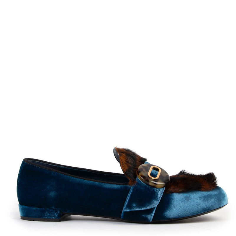 buy authentic second hand Prada Blue Velvet Leopard-print Loafers at Labellov for the best price