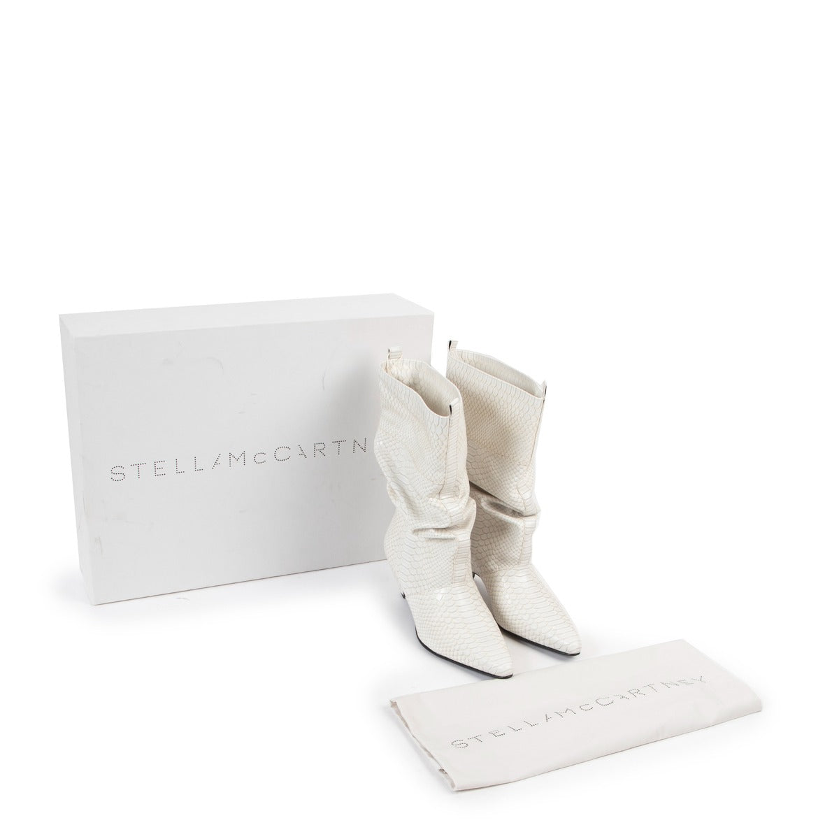 Buy an authentic pair of second hand Stella McCartney White Snake Printed Faux-Leather Boots - Size 36,5 as new at Labellov