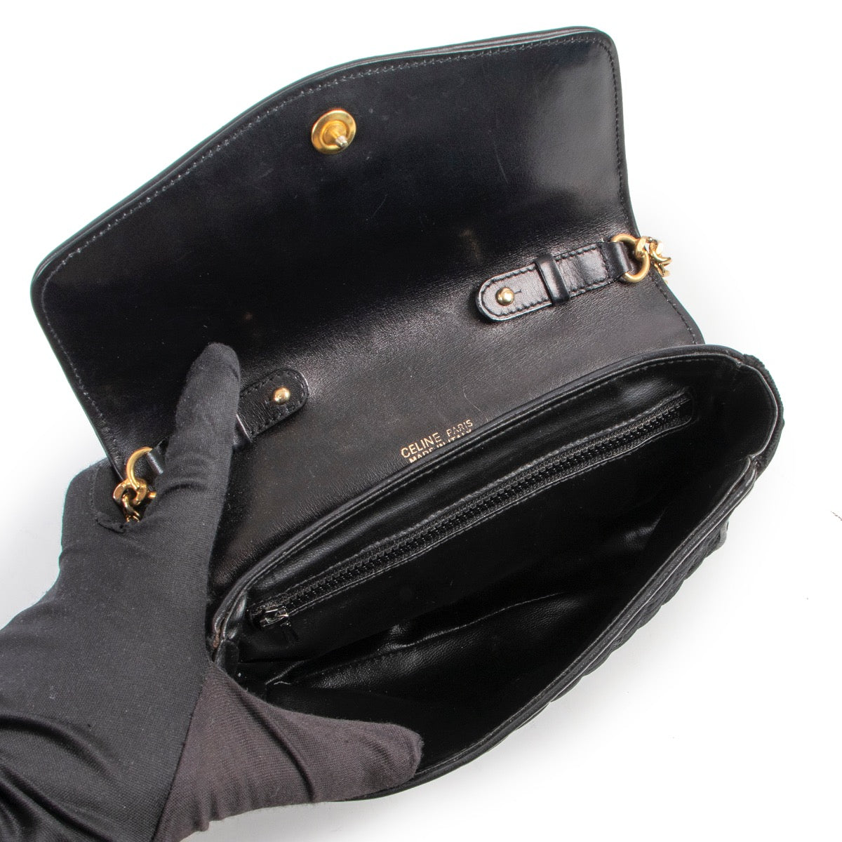 Shop safe online at Labellov in Antwerp this 100% authentic second hand Celine Vintage Black Triomphe Velour Shoulder Bag
