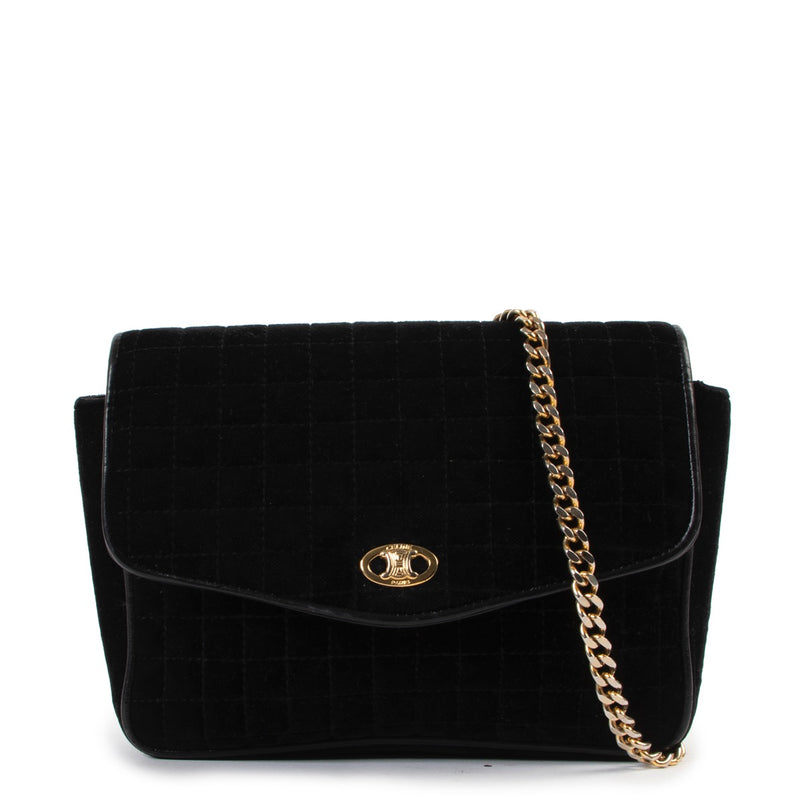 Shop safe online at Labellov in Antwerp this 100% authentic second hand Celine Vintage Black Triomphe Velour Shoulder Bag
