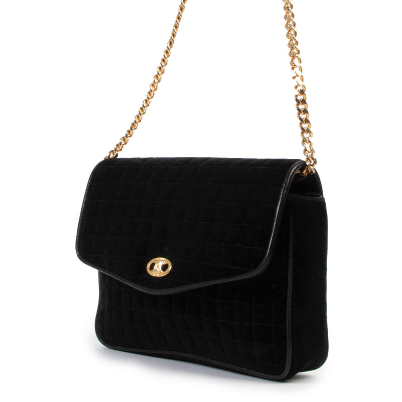 Shop safe online at Labellov in Antwerp this 100% authentic second hand Celine Vintage Black Triomphe Velour Shoulder Bag