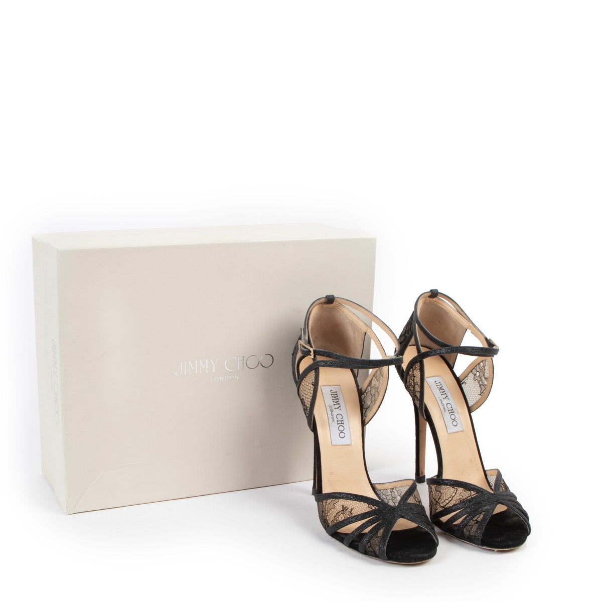 Shop safe online at Labellov in Antwerp this 100% authentic second hand Jimmy Choo Fitch Black Lace Sandals - Size 38